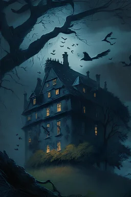 An old English mansion on a hill on a stormy night. A large crow is watching the flickering light from a window. The crow is on a branch in a large, leafy, horse chestnut tree.