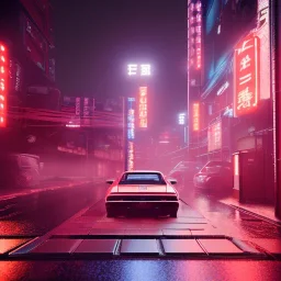 nissan skyline r34; in an alternate universe in tokyo; cyberpunk; realistic; rain; neon signs