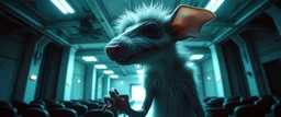 fluffy rat elf vampire scumbag in the style of Escher and Giger and Fallout 4, pinhole cam, airbrush 3d rendering, on tv screen:A five-second cinematic single take in a clean industrial presentation hall.