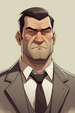 a large man, short dark hair, square head and broad shoulders; bouncer look