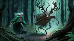 lovecraftian styled resurrected unhappy single deer chasing the older drunk lady through the forest.