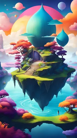 Create a surreal scene where a couple navigates a dreamlike environment filled with floating islands, unusual creatures, and fantastical landscapes. Experiment with vibrant colors and imaginative details.