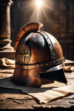 The Roman centurion's helmet lies on an old cracked wooden table. Next to the helmet, on the table, lies a cross on a string and a scroll of parchment. A ray of sunlight reflects off the helmet. All around is the entourage of ancient Rome. High quality image in 8K