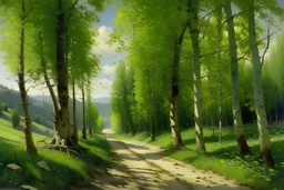 Peder Mork Monsted style poplar trees, a wide dirt road in the middle, With colors by Peder Mork Monsted