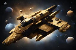 defence startrec, spacecraft in gold, black, background space, stars, planets,