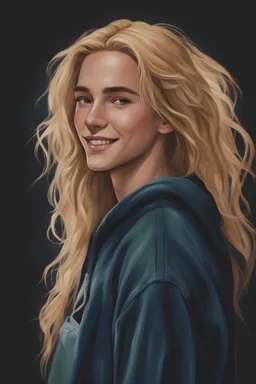 smiling androgynous male green eyed teenager with freckles and long blonde hair wearing a navy blue hoodie, jeans and a black t-shirt, simple background, cartoon fantasy oil painting style, 80's