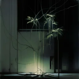 Minimal abstract oil painting of a plant in concrete warehouse brutalist architecture and hanging wires illuminated at night.In the style of Justin Mortimer and Phil Hale, Ashley Wood