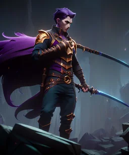 A strong kind young male character with a massive spear weapon with purple hair, full body by Greg Rutkowski, Sung Choi, Mitchell Mohrhauser, Maciej Kuciara, Johnson Ting, Maxim Verehin, Peter Konig, 8k photorealistic, cinematic lighting, HD, high details, dramatic, atmosphereric, trending on artstation