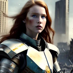 ultrarealistic, ruined city,__sci-fi armor__, __angles__, 18 year old woman, strikingly beautiful, ginger hair, _colour_, [__starlets__|__starlets__], (pale __skincolor__ skin:1.2), __camera__, _hair_, detailed face and eyes, medium breasts, leather choker, freckles, dynamic pose, resolved expression, __accessory__, strappy outfit, (straps:1.1), sword in scabard on left hip, (buckles, buttons, snaps, rings:1.0), haltertop style breastplate, detailed eyes, plump lips, sci-fi theme