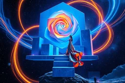 A surreal cosmic architectural composition featuring an elegant woman in a flowing multicolored gown standing at the center of an abstract floating structure in deep space. The structure is composed of geometric blue cubes and blocks arranged in an artistic formation, adorned with massive glowing spiral rose shapes in vibrant orange-gold and electric blue colors. Dynamic light trails and energy ribbons swirl around the composition in neon blue and warm orange tones. The background features a sta