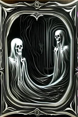 Linocut ghostly apparition in mirror