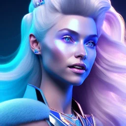 A portrait of a full body crystalised blue pink queen,smiling face, blue eyes, long blond hair, atmospheric, realistic, unreal engine, lighting, octane render.