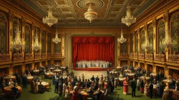 The image is a painting of a large ballroom with a high ceiling and ornate decorations. The room is filled with people, some sitting at tables and some standing, and there are several chandeliers hanging from the ceiling. The walls are decorated with intricate carvings and columns, and the floor is covered in greenery. In the center of the room, there is a large stage with a red curtain and a large crowd of people gathered around it. The people are dressed in formal attire, with some wearing hat