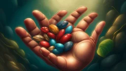 Fantasy digital illustration: 5 pieces of beans in a hand