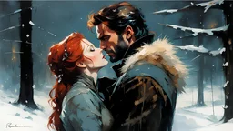 (redsonja, 40 years old, beautiful redhead) in a snowstorm at night, passionately hugging (wolverine logan) :: by Robert McGinnis + Jeremy Mann + Carne Griffiths + Leonid Afremov, black canvas, clear outlining, detailed