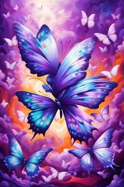vibrant psychedelic oil painting image, airbrush, 64k, cartoon art image of background purple and WHITE BUTTERFLIES , futurism style