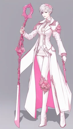 A white blind vampire with white and pink short hair, slave, Handcuffs, Weapon handcuffs in dreamshaper finetuned model with dynamic art style witg