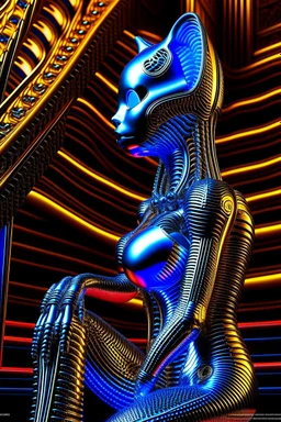 chrome chat robot cat woman smiling online in the style of escher and giger, spray paint, photo realism, trending on art station, 8k, depth of field, down light, light rays, volumetric, reflective spiral staircase, blue, brown and orange