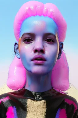 Ultra Realistic image, Rosalía artist, portrait, normal complexion, waist up portrait, two monkeys hair ,black eye long line, sweet face, t-shirt with holes, inflatable open coat, gold pink and blue style, spray glow make up, big geometric led jewelry, fog, hot, inflatable style latex coat, vibrant color, highly detailed, art stations, concept art, smooth, unreal engine 5, god rays, ray tracing, RTX, lumen lighting, ultra detail, volumetric lighting, 3d, finely drawn, high definition.