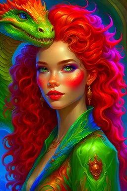 one woman holding a dragon, young Robyn Lively / Elsa Hosk / Shanina Shaik face morph, a beautiful young woman with pale, softly freckled skin, multi-hued long red curly hair and green turquoise-speckled eyes, holding an anatomically perfect pink and purple iridescent dragon; fantasy art by Kerem Beyit, XNO art, Julia Pishtar, MisterFeelgood, BoneHed-Art, Chet Zar art; Renaissance, luminous colorful sparkles, airbrush, depth of field, 16k, mixed media, ethereal, Unreal Engine 5; by James R. Eads