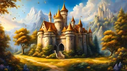 Painting by Truner of beautiful detailed realistic castle that is made with honey everywhere there are magic bees and beehives made of dvr-honey