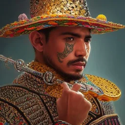 portrait,"Insanely detailed photograph of a mariachi warrior", highly intricate chainmail charo,colorful Sombrero,elegant, highly detailed D20, digital painting, artstation, concept art, smooth, sharp focus, illustration, art by artgerm and greg rutkowski and alphonse mucha, 8 k