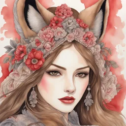 A head-shot of an arrogant woman with long brown hair, fox ears and crimson red eyes, watercolor, intricately detailed