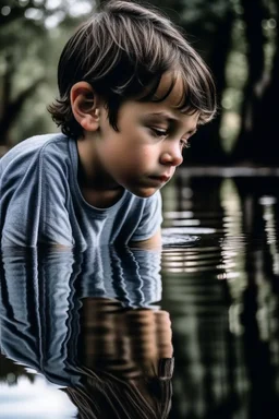 Boy looking at reflection in water