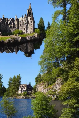 small gothic medieval house built into a rock face, rooms appear added on, lake, trees, arches, bridge, foliage, balconies, sunny blue sky