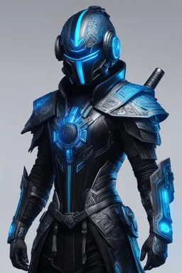 Someone wears a black Changshan costume and glass Cyberpunk helmet , full helmet cover , black and blue color, cyberpunk drawing style, neon, full body, intricate details, highly detailed, high details, detailed portrait, masterpiece,ultra detailed, ultra quality