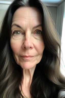 A selfie of a brunette woman with a round face, long hair taken at spa salon. showing incredibly beautiful extremely attractive 57-year-old European woman. (She has white skin, tousled black hair, pretty face without makeup, big round brown eyes, cute profiled nose, detailed full lips.)