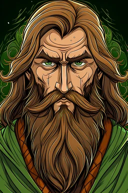 digital comic style, druid, noble face, green eyes, full beard, long hair