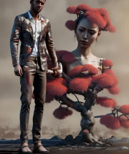 an abstract painting of rusted metal and flowers, Japan Gheissa style, 8K, a Highly detailed stunning portrait of Dom man holding a submissive woman by the chain, realistic face, white suit, beard, and short hair, bad boy