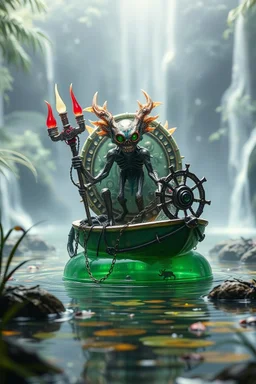 action figure of a glossed an transparent chained and crucified alien necrophyte electric racoon necromancer on round swamp transparent glass obcidian boat beholder eye wheel throne in a charged foggy jungle starry waterfall, blur background to make character pop out