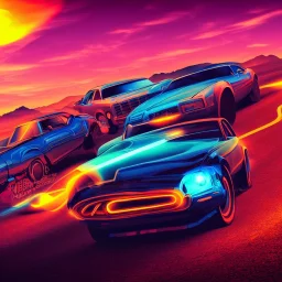 art deco, cyberpunk, two neon muscle cars, race, desert road, sunset, full colour, hd,