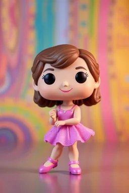 Funko Pop, very young female, medium wavy brown hair, pink ballerina dress, dance pose, smiling, very happy, colorful background, allowing visibility of the figure, typography, 3D render.