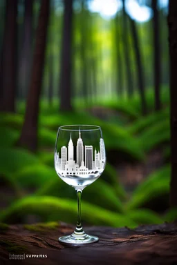 Create hyper-realistic photo of a wine glass in a wild forest. Inside, a miniature [New York] with landmarks. A trasparrent 3D text of [New York] a ballerina dancing on a open stage blends naturally into the landscape . Soft bright daylight, reflections, and subtle imperfections like fingerprints. DSLR quality, sharp focus.