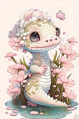 cute baby alligator, cherry blossoms, adorable nursery room decor, beautiful digital art, cute nursery art, intricately detailed Jody Bergsma, painting, hyper realistic, full image, very rendered polished perfect, intricate detail, illustration, cartoon style, kawaii chibi, cartoon, cg society, white background