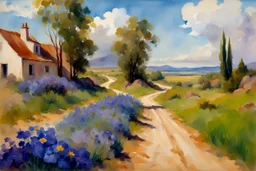 Sunny day, clouds, dirt road, flowers, mountains, big rocks, trees, sci-fi, john singer sargent watercolor paintings