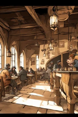 Lots of People sitting around tables in a medieval tavern with a stone floor, add people to the chairs