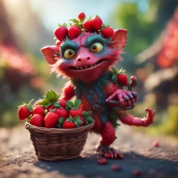 hairy heavy metal kobold strawberry beast hippie with long eyebrows holding a basket of berries,bokeh like f/0.8, tilt-shift lens 8k, high detail, smooth render, down-light, unreal engine