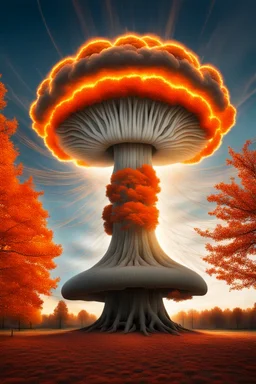 a tree in the fall that looks like a nuclear explosion's mushroom cloud, with energy lines radiating outward but behind, angelic fantastic lighting