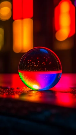 macro of a small glass sphere fallen next to an urban garbage can, the sphere encloses a dimensional demon, its shape is a sparkling void, a glowing absence, 8k fujifilm, high level of detail, saturated color palette