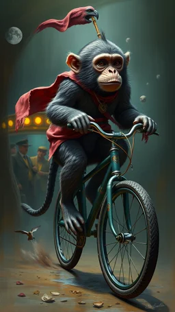 Bosch painting style nightmare , 3D , a monkey on one wheel circus bike high Quality picture , 8k