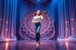 modern stage with gray-blue theme artistic decoration , color full dynamic lighting, a beautiful lady in pants and blouse with shining silver jewels dancing, 3D recursive fractal structure animating background