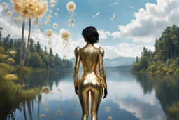 A skinny woman with black hair, in a gold and silver android suit, standing, looking out over a lake, with flying dandelion heads with octopus tentacles, with tall narrow cloud trees in the distance