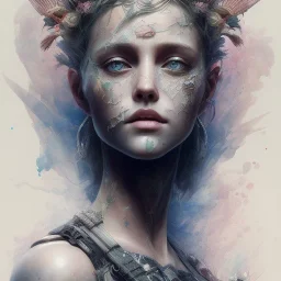 singer Danish MØ face, watercolor illustration by <Yoji Shinkawa>, intricate detail , soft smooth lighting, soft pastel colors,nature, plants, wildflower, facepaint, dnd character portrait, intricate, oil on canvas,