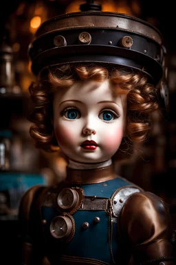 Capture a captivating photograph that focuses on the dramatic, close-up face of an abandoned roboarmillary doll within the confines of an old shop. The image should evoke a sense of nostalgia and intrigue. Ensure the lighting is well-balanced to bring out the intricate details of the doll's face and surroundings. This photograph should be a high-resolution masterpiece, delivering a powerful visual narrative. (dramatic face) (abandoned roboarmillary doll) (old shop) (nostalgia) (intrigue) (well-b