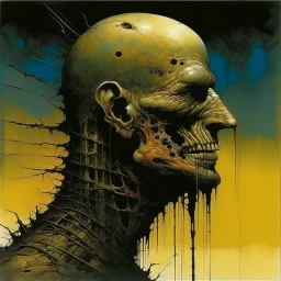 small head Sopor Aeternus depicting a fear of being alone, Style by Ray Johnson and Dave McKean, surreal horror, dynamic composition, color burn, based on the imagery of Zdzislaw Beksinski, minimalism, artistic