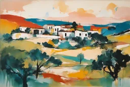 an abstract painting with fine ink outlining of an idyllic 16th century Spanish villa set amidst rolling hills and ancient olive groves , in the imagery-stain painting style of Helen Frankenthaler and Jean-Michel Basquiat, rich natural colors, museum quality masterpiece